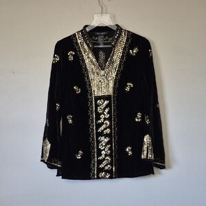 Anne Carson Black Velvet Tunic Top with Gold Sequin And Embrodery Accents Size M